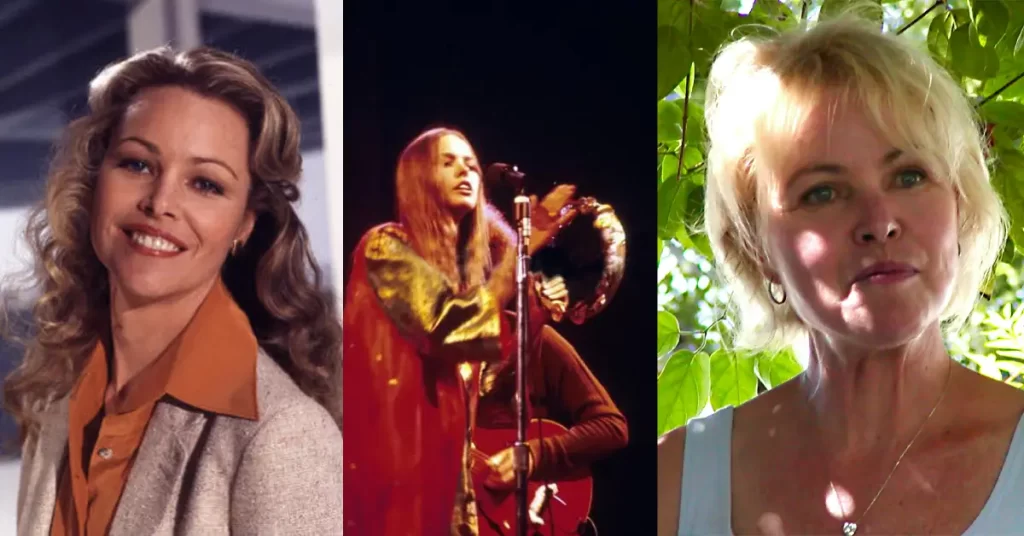 Michelle Phillips through the years: young, performing on stage, and in later life outdoors.
